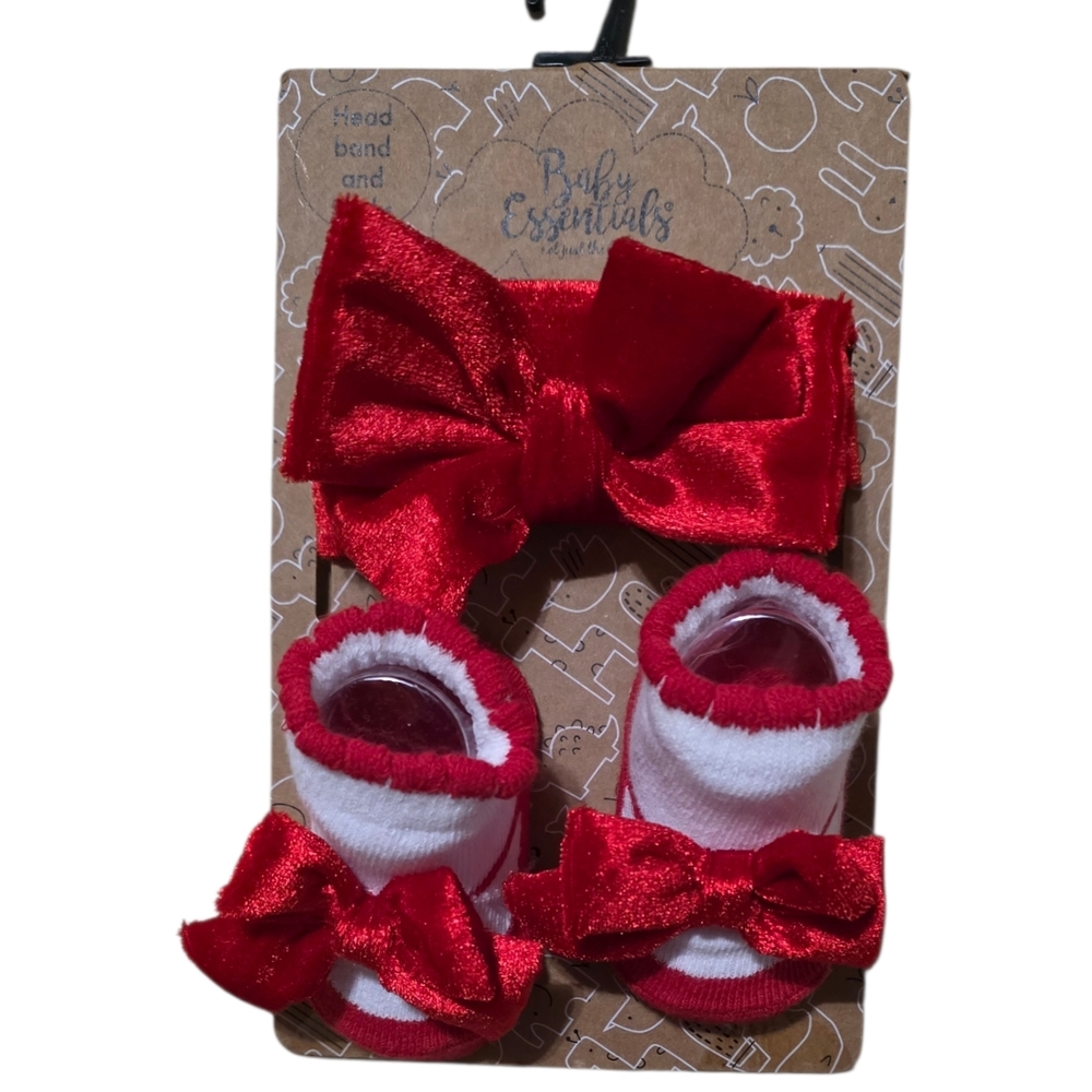 Baby Essentials Girls Velour Headband &  Socks Christmas Valentine's 0-6 mo Bows